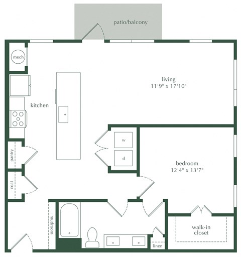 Floor plan for 1 bed, 1 bath, 890 sqft